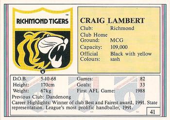 1992 AFL Regina #41 Craig Lambert Back
